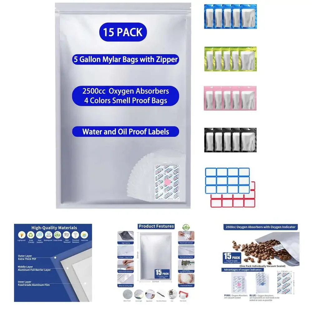 5 Gallon Mylar Food Storage Bags with Oxygen Absorbers, Waterproof, Bpa-Free